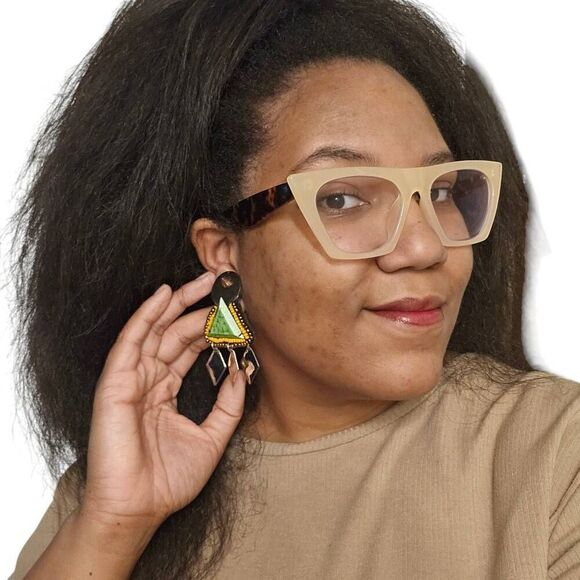 Vintage Geometric Dangle Earrings | Green Triangle with Silver & Orange Bead Acc - Picture 4 of 5